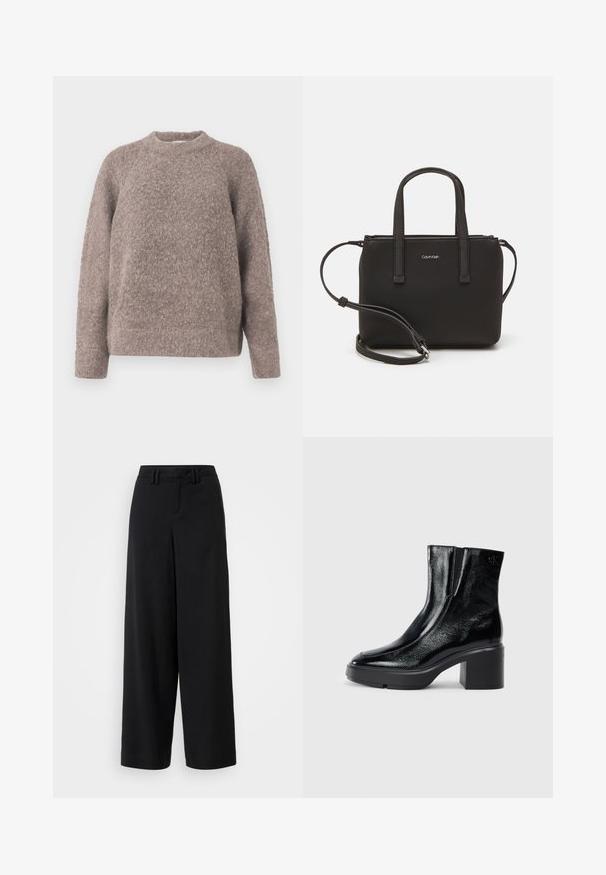 Vaaleanruskea, teksturoitu neulepusero pyöreällä pääntiellä ja pitkillä hihoilla, valmistettu pehmeästä, pörröisestä materiaalista, jossa on rento istuvuus.; Mustat leveälahkeiset housut, jotka on valmistettu sileästä kankaasta ja joissa on tasainen etuosa, laskostettuja yksityiskohtia sekä vyölenkit vyötäröllä.; Musta patentoitu nahkasaappaat nilkkoihin, joissa on kaareva kärki, joustavat sivupaneelit ja paksu lohkoilut. Takana on kohokuvioitu logo.; Musta käsilaukku, jossa on kaksinkertaiset lyhyet kahvat ja irrotettava olkahihna. Silkkinen nahkatunneinen materiaali, jossa on vetoketjukiinnitys ja logoyksityiskohta.