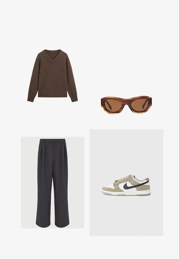 Brauner V-Ausschnitt-Pullover aus weichem Material mit gerippten Bündchen und Saum. Hat eine lockere Passform und keine sichtbaren Muster oder Hardware-Akzente.; Weiße ärmellose Bluse aus leichtem Stoff mit einem V-Ausschnitt und einer Schleife sowie einem geschichteten Volantsaum. Verstellbare Träger.; Weite Hose aus dunkelgrauem Stoff, mit vorderen Falten, glatter Textur und einem taillierten Bund mit Gürtelschlaufen.; Beige und weiße Wildledersneaker mit schwarzen Akzenten, perforierter Zehenbox, flachen Schnürsenkeln und einer Gummisohle mit strukturiertem Grip-Muster.; Sonnenbrille mit Schildpatt-rahmen, braunen Verlaufslinsen und einer eleganten Katzenaugenform. Hergestellt aus leichtem Kunststoff mit glänzender Oberfläche.; Schwarze Lederhandtasche mit glatter Oberfläche, ausgestattet mit einem einzelnen Schulterriemen, goldenen Akzenten und einem Reißverschluss. Logo auf der Vorderseite angezeigt.