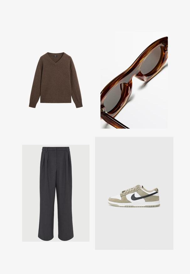 Pull col V marron en matériau doux avec des bords-côtes aux poignets et à l'ourlet. Présente une coupe décontractée sans motifs ni accents matériels visibles.; Blouse sans manches blanche en tissu léger, dotée d'un col en V avec un lien et d'un ourlet à volants superposés. Bretelles réglables.; Pantalons larges en tissu gris foncé, présentant des plis à l'avant, une texture lisse et une taille ajustée avec passants de ceinture.; Baskets en suède beige et blanc avec des accents noirs, boîte à orteils perforée, lacets plats et semelle en caoutchouc avec un motif de grip texturé.; Lunettes de soleil en écaille brune avec des montures rondes, des verres foncés et une finition brillante, présentant des branches épaisses et courbes ainsi que peu de matériel.; Sac à main en cuir noir avec une texture lisse, dotée d'une seule bandoulière, d'accents dorés et d'une fermeture zippée. Logo affiché à l'avant.