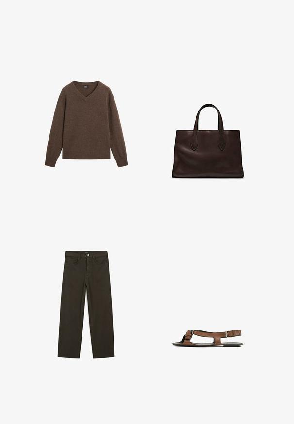 Brauner V-Ausschnitt-Pullover aus weichem Material mit gerippten Bündchen und Saum. Hat eine lockere Passform und keine sichtbaren Muster oder Hardware-Akzente.; Dunkelgrüne Jeans im weit geschnittenen Style, hergestellt aus einem Baumwollgemisch. Sie verfügen über einen Frontknopfverschluss, fünf Taschen und klassische Denim-Nähte.; Braune Leder-Sandale mit offener Zehenpartie und seitlichen Ausschnitten. Sie verfügt über einen Knöchelriemen mit einer metallischen Schnalle und eine flache Sohle.; Braune Ledertasche mit zwei langen Griffen, strukturierte rechteckige Form, glatte Textur und dezente Nähdetails.