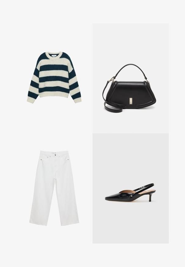 Maglione grosso a maglia con ampie righe orizzontali blu navy e bianche, colletto a girocollo e polsini e orlo a coste.; Jeans bianchi a gamba larga realizzati in denim con vita alta, dotati di cinque tasche e dettagli in metallo. Texture liscia, senza motivi visibili.; Décolleté slingback in vernice nera con punta affilata, tacco basso e design con aperture sul vamp. Accento in hardware color oro sul lato.; Borsa a mano in pelle nera con un design strutturato, caratterizzata da una forma corta, manico superiore e accessori in metallo dorato. Inclusa tracolla regolabile.