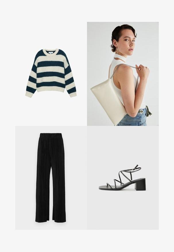 Pulover tricotat gros, cu dungi orizontale late în albastru marin și alb, guler rotund și manșete și tiv din tricot cu crem.; Pantaloni negri plisati cu talie elastică. Prezintă picioare largi și un material neted, texturat, cu dungi verticale.; Sandale negre cu bretele cu vârf pătrat și toc gros, realizate dintr-un material neted. Dispun de curele reglabile la gleznă și hardware minim.; Geantă de clutch rectangulară albă, realizată dintr-un material lucios, având o curea de lanț argintie. Modelul pozează, evidențiind geanta pe un fundal simplu.