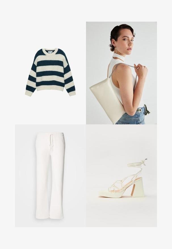 Gruby sweter robiony na drutach z szerokimi poziomymi pasami w kolorze granatowym i białym, okrągły dekolt oraz ściągacze przy mankietach i dolnej części.; Białe, luźne spodnie dresowe wykonane z miękkiego materiału, z elastycznym paskiem w talii i prostymi nogawkami.; Biała sandał na wysokim obcasie z masywnym słupkiem, z paskowym wzorem i wiązaniem przy kostce. Gładka faktura z platformą z przodu dla dodatkowej wysokości.; Biała prostokątna kopertówka wykonana z błyszczącego materiału, z srebrnym łańcuszkiem. Modelka pozuje, prezentując torebkę na jednolitym tle.