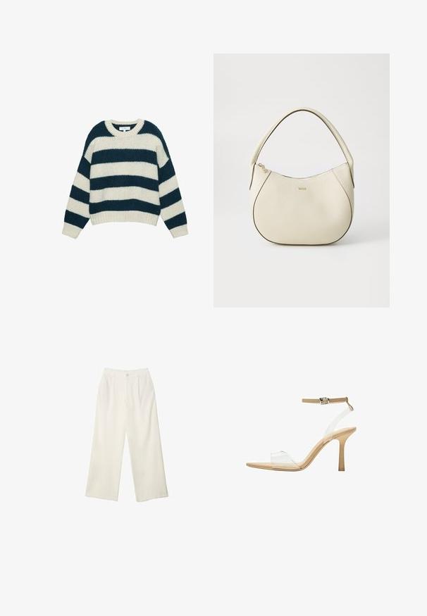 Chunky knit sweater with wide horizontal navy blue and white stripes, crew neck, and ribbed cuffs and hem.; Wide-leg trousers in cream fabric with a smooth texture, featuring a single front button, subtle pleats, and a high waist design.; Clear heeled sandal with a transparent upper, beige footbed, and a slender ankle strap. Features a pointed toe and a thin high heel.; Cream-colored handbag with a textured finish, curved shape, short handle, and gold-tone logo detail. Zipper closure at the top.