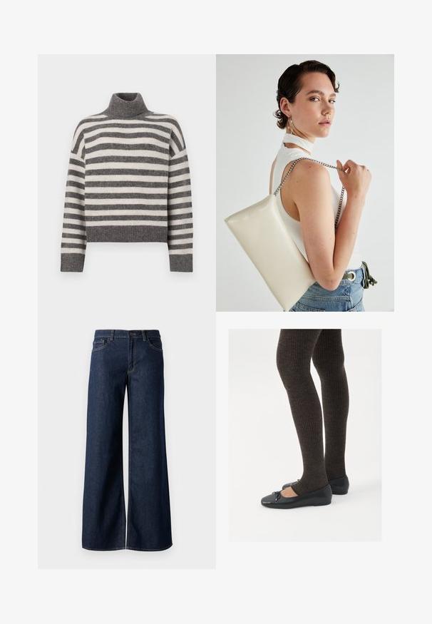 Gestreifter Rollkragenpullover in Grau und Creme. Weiches Material mit entspannter Passform, ausgestattet mit Rippdetails am Kragen und Saum.; Weite Jeans in dunkelblauem Denim. Merkmale sind kontrastierende Nähte, fünf Taschen und ein Knopfverschluss an der Taille. Glatte Textur.; Schwarze flache Schuhe mit einem kleinen Schleifendetail an der Zehe, kombiniert mit dunkelbraunen gerippten Strumpfhosen. Die Schuhe haben eine glatte Textur und ein niedriges Profil.; Weiße rechteckige Clutch aus glänzendem Material mit einem silbernen Kettenriemen. Das Model posiert und präsentiert die Tasche vor einem schlichten Hintergrund.