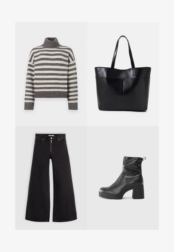 Stripet genser med krage i grått og krem. Mykt materiale med en avslappet passform, med ribbestrikkede detaljer på kragen og kanten.; Vide benbukser i sort denim med glidelås i front, fem-lomme design og subtile sømdetaljer. Glatt tekstur og avslappet stil.; Svarte ankelstøvler laget av glatt lær, med glidelås på siden, chunky strukturert hæl, og rund tå-design.; Svart lær toteveske med to lange håndtak, en glatt tekstur og en strukturert form. Har en frontlomme for ekstra oppbevaring.