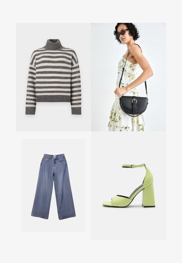 Svītrainā turtlenecka džemperis pelēkā un krēmkrāsā. Mīksts materiāls ar brīvu piegriezumu, ar ribotām detaļām ap apkakli un apakšmalu.; Platas kājas denima bikses gaiši zils mazgājumā, ar augstu jostasvietu, priekšējām kabatām un pogu aizdari ar jostas cilpiņām.; Even&Odd Augstpapēžu sandales - light green; Melnas ādas rokassoma ar izliekta formu, noņemamu siksnu un zelta aksesuāriem. Somai ir vāciņš ar sprādzes detaļu.