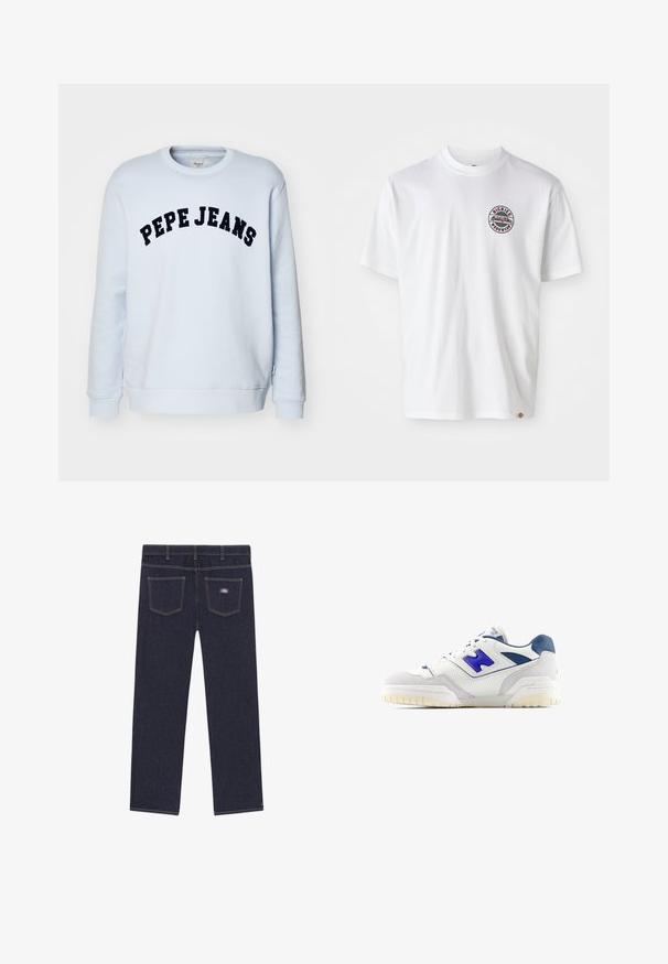 Light blue sweatshirt made of fleece fabric, featuring a round neck and long sleeves. "PEPE JEANS" logo in bold black at the front.; White cotton t-shirt with a round logo on the chest. Crew neckline, short sleeves, relaxed fit, featuring red and black accents.; Dark blue denim pants with a straight cut, featuring two back pockets and contrasting yellow stitching. Brand label on the right pocket.; White sneakers with blue accents, made of leather and suede, featuring perforated details and a textured rubber sole.