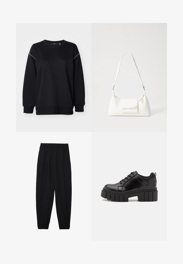 Vero Moda Curve VMCDAISY - Sweatshirt - black; Black, lightweight pants with an elastic waistband and gathered ankles. The fabric is smooth and features a relaxed, tapered design.; Black leather platform shoes with a chunky block heel, round toe, and traditional lace-up design. Features smooth texture and minimal detailing.; White synthetic handbag with a triangular shape, flat front flap and bow detail, adjustable strap, smooth texture, and minimalistic design.