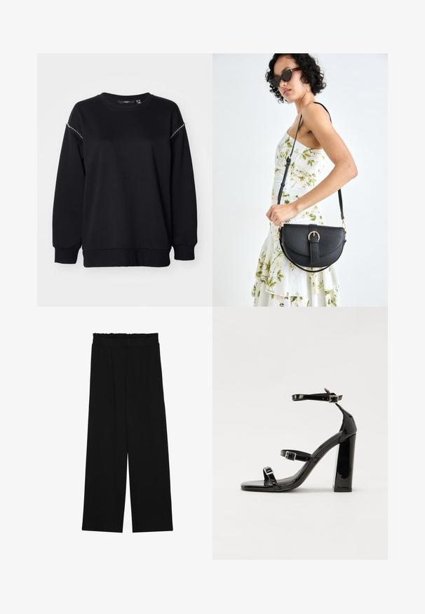 Vero Moda Curve VMCDAISY - Mikina - black; Čierne široké nohavice s volánovým pásom, obsahujúce dve bočné vrecká a hladký, ľahký materiál. Žiadne viditeľné vzory ani kovové príslušenstvo.; Čierne lakované sandále na podpätku so štvorcovou špičkou, navlečenými remienkami okolo členku a striebornými prackami. Disponujú masívnym blokovým podpätkom pre stabilitu.; Čierna kožená kabelka s zaobleným tvarom, odnímateľným popruhom a zlatými doplnkami. Kabelka má klopu s detailom s prackou.; Strieborný prsteň s dvojitým pásikom s hladkým, lesklým povrchom. Má plynulý, zakrivený dizajn s prekryvajúcimi sa časťami pre moderný vzhľad.