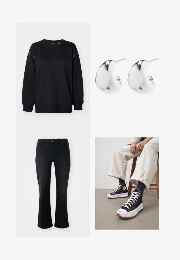Vero Moda Curve VMCDAISY - Sweatshirt - black; Schwarze Denim-Jeans mit mittelhohem Bund, vorderem Knopf, zwei Vorder- und zwei Hintertaschen sowie weiter Schnitt.; Schwarze High-Top-Sneaker mit weißen Schnürsenkeln und Gummikappe. Dicke weiße Sohle mit braunem, strukturiertem Außensohlenprofil, kombiniert mit navyblauen gestreiften Socken.; Silberne Steckerohrringe mit einem glatten, geschwungenen Design. Sie verfügen über eine polierte Oberfläche und eine Steckverschlusssicherung für sicheren Halt.