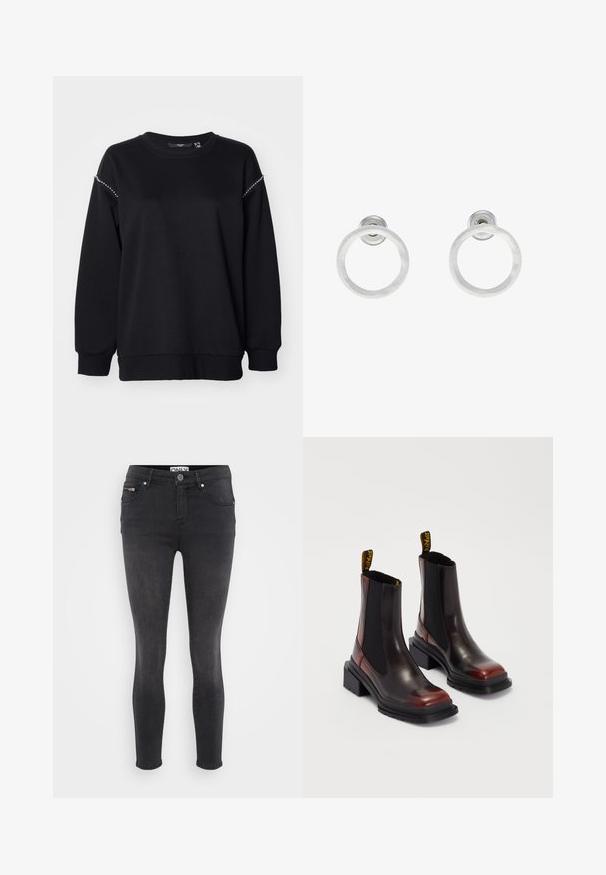 Vero Moda Curve VMCDAISY - Ikdienas džemperis - black; Melni skinny džinsi, izgatavoti no denima. Iespējama priekšējā pogu aizdare un iešūta kabata jostasvietā. Gluda tekstūra ar minimālu izbalēšanu.; Dr. Martens MAYBOLE CHELSEA - Puszābaki ar platformu - black/cherry red; Sudraba metāla gredzenveida auskari ar matētu faktūru, ar apaļu dizainu un caurspīdīgu aizdari, lai nodrošinātu drošu valkāšanu.