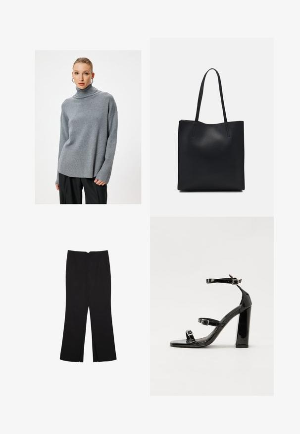 Lichtgrijze coltrui van zacht gebreid materiaal, met een relaxte pasvorm, verlaagde schouders en geribbelde halslijn, gecombineerd met donkere broeken.; Zwarte broek met een rechte pasvorm, voorzien van zijzakken en plooien aan de onderzijde. Gemaakt van zachte, gladde stof. Geschikt voor verschillende gelegenheden.; Zwarte gepatenteerde sandalen met hak en een vierkante neus, enkelbandjes en zilveren gespen. Heeft een stevige blokhak voor stabiliteit.; Zwarte leren handtas met een gladde textuur, rechthoekige vorm en twee lange handvaten. Geen zichtbare hardware of versieringen.