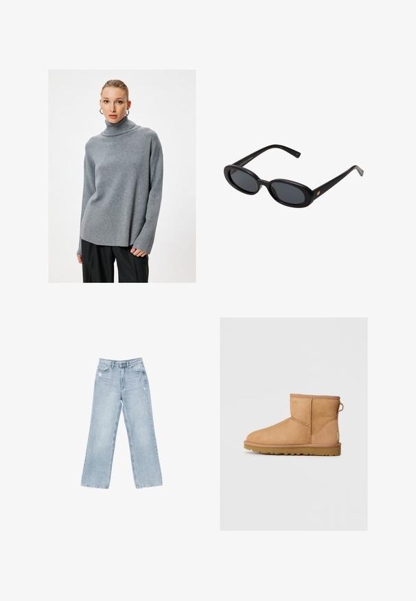 Pull à col roulé gris clair en tricot doux, avec une coupe décontractée, des épaules tombantes et un col côtelé, associé à un pantalon sombre.; Jeans en denim bleu clair avec une coupe large, des détails déchirés, un design à cinq poches et une fermeture éclair.; Bottines en suède beige avec bout rond, détails cousus, tirant à l'arrière et semelle en caoutchouc texturé. Conçues pour le confort et la chaleur.; Lunettes de soleil noires surdimensionnées avec des verres ovoïdes, monture en plastique lisse et accents dorés sur les tempes. Les verres sombres offrent une protection contre le soleil.