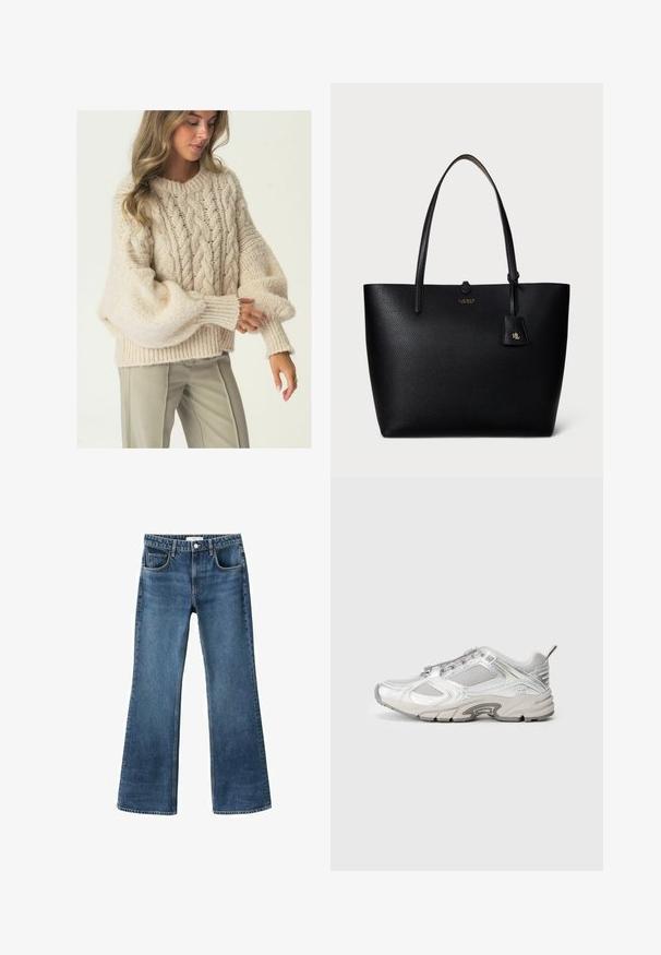 Pulover bej din tricotaj cu model texturat, cu mâneci largi și tiv ribflat. Asortat cu pantaloni sobri de culoare deschisă.; Bluză albă din bumbac cu un guler înalt cu volane, închidere frontală cu nasturi și dantelă la manșete. Mânici lungi și textură moale, netedă.; Jeans din denim albastru cu tiv evazat, cu talie medie, cinci buzunare și un aspect uzat. Cotiți finalizați și închidere clasică cu buton.; Pantofi de alergare din plasă albă cu accente metalice, suprapune texturate și o talpă groasă. Prezintă un sistem de șireturi frontal și o curea de tragere în spate.; Geantă tote din piele neagră cu suprafață texturată, mânere duale și un mic etichetă detașabilă cu accente aurii. Design simplu și funcțional.