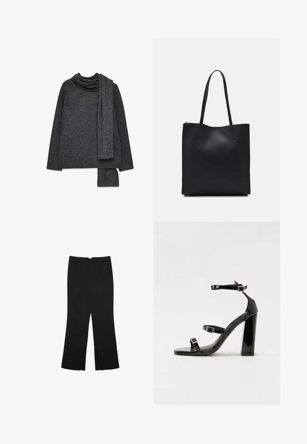 Temno siva velika pletena pulover s kapuco in ujemajočim šalom, ima teksturirano površino in naravne rokave.; Črne hlače ravnega kroja z naglavnimi žepi in stranskimi razporki na robu. Narejene iz mehke, gladke tkanine. Primerne za različne priložnosti.; Črne lakirane sandale s peto, kvadratnim prstom, trakovi okrog gležnja in srebrnimi zaponkami. Opremljene so s stabilno Debelo peto.; Črna usnjena torba s svilnato teksturo, pravokotne oblike in dvema dolgima ročajema. Brez vidnih metalnih delov ali okrasnih elementov.