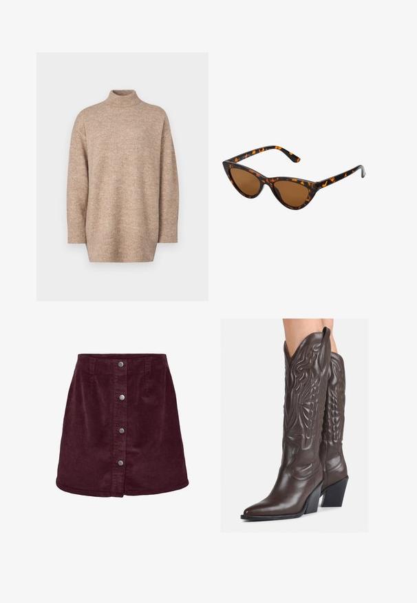 Beige strikket genser med høy hals, senkede skuldre og ribbestrikket kant, med en myk tekstur og avslappet passform.; Burgunderfarget kordfløyel mini-skjørt med a-formet snitt, med fem sølvknapper foran og subtil ribbet tekstur.; Brune skinncowboystøvler med spiss tå og blokkhelt, med detaljerte sømmer og hevede detaljer på skaftet.; Kattøye solbriller med en svart og oransje skjellramme, brune linser og elegante, spisse tupper. Har en minimalistisk logo på stangen.