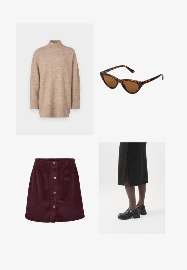 Beežist kootud särk kõrge kaelusega, langenud õlgade ja soonikservaga, pehme tekstuuriga ja mugava lõikega.; Burgundia kautraka mini seelik A-laiusega, millel on viis hõbedast nööpi ees ja peen ribakonstruktsioon.; Mustad mustad jalatsid ümmarguse varbaga, paksu plokkniidi ja elastsete külgdetailidega, kombineeritud tumedate sukkade ja musta lõhikuga seelikuga.; Kassi vormiga prillid musta ja oranži kilpkonnakujulise raami, pruunide läätsede ja elegantsete teravate otstega. Templi juures on minimaalne logo.