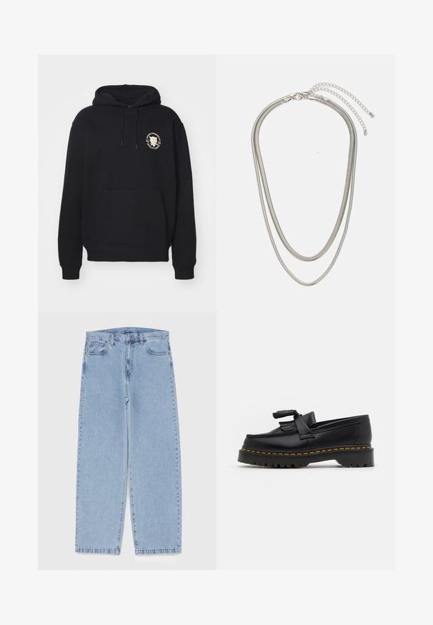 Sudar preto com capuz ajustável, bolsa canguru, punhos e barra canelados. Apresenta um logotipo circular dourado na área esquerda do peito.; Jeans de denim azul claro com design de perna reta, apresentando uma cintura de altura média, cinco bolsos e um fecho de botão e zíper.; Mocassim de couro preto com um detalhe de franjas, apresentando uma sola preta robusta e costura amarela ao longo da borda. Acabamento texturizado.; Colar de metal prateado em três camadas, com correntes flexíveis e elegantes que possuem um leve brilho, fechado com um fecho de lagosta e corrente ajustável.
