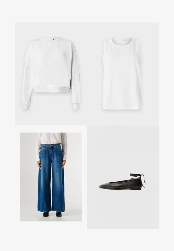 Pelēks kokvilnas džemperis ar apaļu kakla izgriezumu, izteiktiem pleciem un ribotām aprocēm. Tam ir īsāka apmale un mīksta, strukturēta auduma virspuse.; Balts bez piedurknēm tops, kas izgatavots no mīkstas kokvilnas. Iespējo apaļu dekoltē un taisnu griezumu. Vienkāršs dizains bez redzamām rakstu vai akcentu detaļām.; Zili-snapjā labi bikses ar augstu vidukli, izgatavotas no denima, ar priekšējām kabatām un pogu aizdari. Gluda tekstūra ar klasisku mazgāšanu.; Melnas ādas baleta kurpes ar smailu purngalu, potītes saitēm un plakanu zoli, kas izceļas ar gludu tekstūru un minimālistisku dizainu.