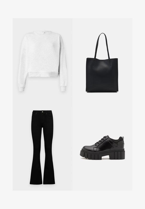 Sweatshirt cinza de algodão com decote redondo, ombros descaídos e punhos canelados. Apresenta uma bainha curta e um tecido suave e texturizado.; Jeans pretos de cintura alta com fecho de botão e zíper, bolsos frontais e pernas largas dispostos em cima de um fundo branco.; Sapatos de plataforma em couro preto com um salto bloco robusto, bico redondo e design clássico de atacadores. Apresentam uma textura suave e detalhes mínimos.; Bolsa tote preta em couro com textura lisa, forma retangular e duas alças longas. Sem hardware ou enfeites visíveis.