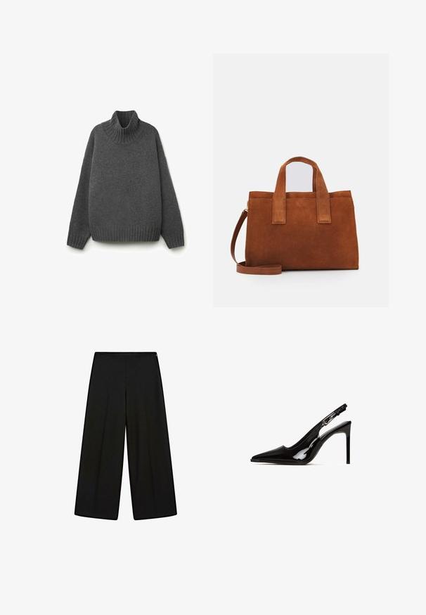Grau kombinierter Strick-Pullover mit Rollkragen und gerippten Bündchen und Saum. Übergroßes Design mit strukturierter Oberfläche, das ein gemütliches Erscheinungsbild bietet.; Schwarze, weit geschnittene Hosen aus weichem Stoff, mit hohem Bund und Falten, die eine glatte Textur und keine sichtbaren Verzierungen aufweisen.; Schwarze patentierte Slingback-Pumps mit spitz zulaufender Zehenpartie und Stilettosohle. Verfügt über ein Ausschnittdesign und einen verstellbaren Riemen mit metallischen Beschlägen.; Braune Wildleder-Handtasche mit zwei Obergriffen und einem verstellbaren Schultergurt. Sie zeichnet sich durch ihre strukturierte Form und ein minimalistisches Design aus.