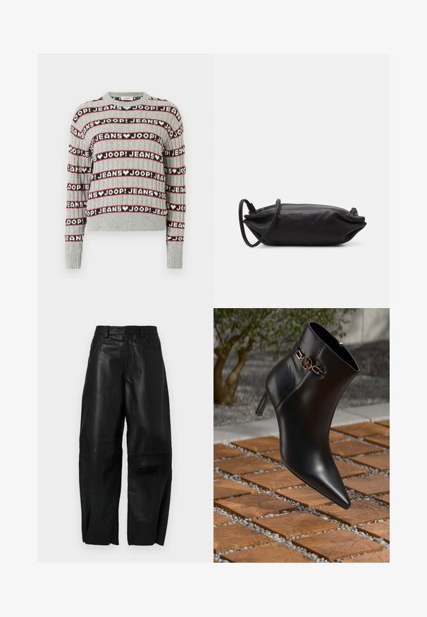 Pelēks adīts džemperis ar melnu un sarkanu svītru mainīgu "JOOP! JEANS" teksta rakstu, ar ribas faktūras apaļu kakla izgriezumu un aprocēm.; Melnas ādas bikses ar brīvu piegriezumu, ar taisna kāju dizainu, priekšējiem kabatas un redzamām šuvju detaļām.; Melnas ādas potītes zābaki ar norādītu pirkstu un mazu papēdi. Ar zelta ķēdes akcentu uz potītes. Iespaidīgi izvietoti uz teksturētas akmens virsmas.; Melnas ādas plecu soma ar taisnstūra formu, gludu tekstūru, plānu plecu siksnu un minimālistisku dizainu.