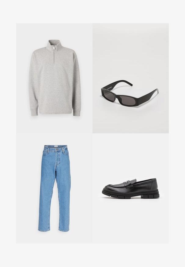 Siva dukserica s visokim ovratnikom i zatvaranjem na četvrtinu munje. Izrađena od mekanog materijala, s dugim rukavima i opuštenim krojem.; Svijetloplave traperice s visokim strukom i ravnim nogavicama, s prednjim gumbom, zatvaranjem na zatvarač, petljama za remen i dizajnom s pet džepova na bijeloj pozadini.; Crni kožni loafers s glatkom završnom obradom, s detaljem prednjeg remena i debelim gumenim potplatom s urezanim akcentima.; Crne pravokutne sunčane naočale s tamnim lećama, glatkim plastičnim okvirom i suptilnim logotipom na lijevoj dršci. Minimalistički dizajn.