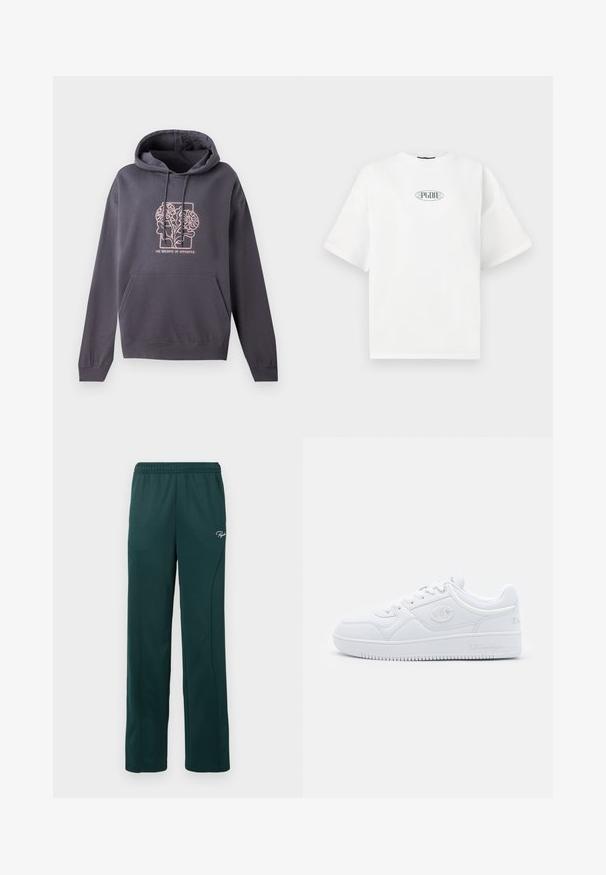 Sötétszürke kapucnis pulóver elülső zsebbel, húzózsinórral a kapucniban, és világos rózsaszín grafikai dizájnnal, amely összekuszált leveleket és a "AZ OPPÓZITUMOK EGYESE" szöveget ábrázolja.; Fehér, rövid ujjú póló, amely 100% pamutból készült, zöld színű grafikai logóval az ovális formában, a mellkas közepén.; Sötétzöld, puha anyagból készült melegítőnadrág, rugalmas derékkal és oldalsó varrással, elöl egy kis logóval.; Fehér sneaker sima szintetikus anyagból, kerek orral, lapos talppal, és diszkrét logó dekorációval az oldalán. Klasszikus alacsony fazon.