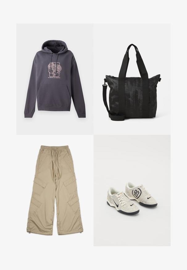 Hanorac gri închis cu buzunar frontal, glugă cu şnur și un design grafic roz deschis care prezintă frunze întrețesute și textul "ECHILIBRUL OPPOSITILOR."; Pantaloni cargo bej cu talie ajustabilă, multiple buzunare laterale și croială relaxată. Fabricati dintr-un material ușor, neted, cu detalii de cusătură.; Tenisi Nike cu o partea superioară texturată bej și gri, accente negre, un logo mare „90” și o închidere cu șireturi albe. Talpă neagră.; Geantă neagră tip tote, din țesătură texturată, cu două mânere superioare și un curea de umăr detașabilă. Dispune de o închidere cu fermoar pentru o stocare sigură.