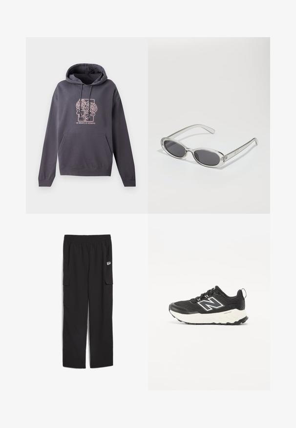 Tmavohnedá mikina s kapucňou, predným vreckom a svetloružovým grafickým dizajnom, ktorý zobrazuje prepletené listy a text "ROVNOVÁHA OPAČNOSTÍ."; Čierne cargo nohavice vyrobené z ľahkej tkaniny, s elastickým pásom, dvoma bočnými vreckami a logom na ľavom stehne.; Čierne atletické topánky s textúrovaným textilným zvrškom, kontrastnou bielou medzipodošvou a výrazným šedým logom na boku. Gumová podrážka s dobrým gripom.; Slnečné okuliare oválneho tvaru, s priehľadným plastovým rámom, tmavošedými šošovkami a tenkými priehľadnými ramienkami s logovými akcentmi a minimálnym detailovaním.