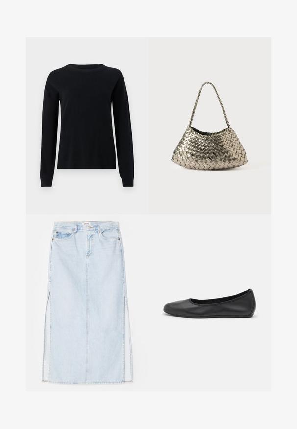 Maglione nero a maglia con maniche lunghe, scollatura rotonda e polsini a coste, caratterizzato da una superficie liscia e da un design semplice e minimal.; Gonna maxi in denim azzurro chiaro con taglio dritto, dotata di spacchi laterali e design a cinque tasche. Cuciture in evidenza e chiusura con bottone in metallo.; Pantofole da balletto nere in pelle con punta arrotondata, texture liscia, dettagli di cucitura minimi e design con suola flessibile.; Borsa in tessuto metallico intrecciato con forma triangolare, dotata di una tracolla intrecciata e un interno rivestito in velluto. Colore: argento. Texture: liscia e simile a un tessuto.