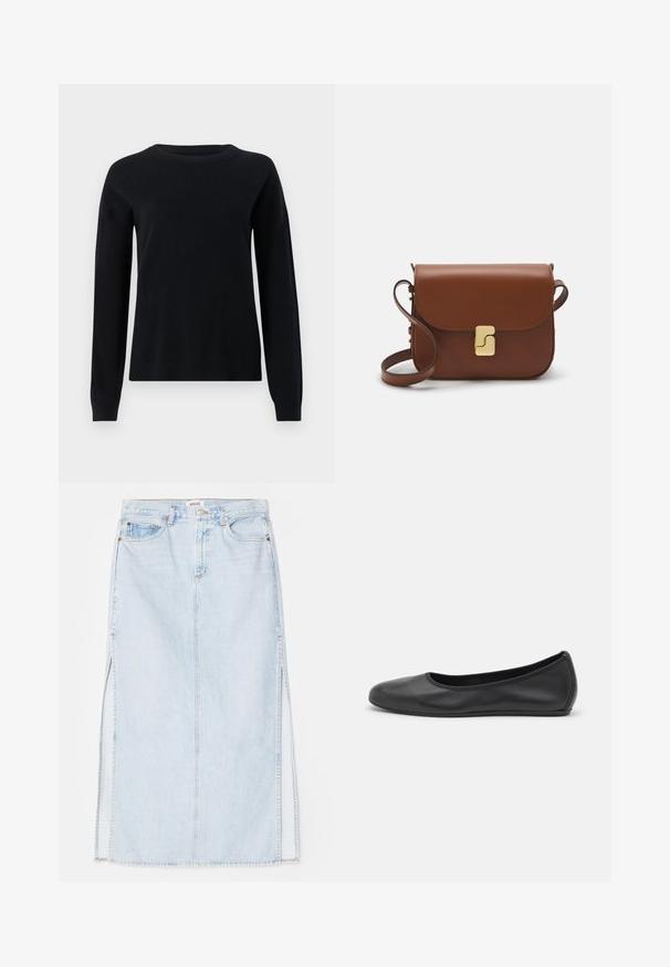 Svart stickad tröja med långa ärmar, rund halsringning och ribbade muddars, med en slät yta och en enkel, minimalistisk design.; Vit kortärmad t-shirt i ribbat tyg. Rund halsringning, normal passform och diskreta sömdetaljer. Inga mönster eller tryck.; Ljusblå denim maxikjol med rak skärning, featuring sidofrack och femficksdesign. Framträdande sömmar och metallknappsstängning.; Svart läderballerinaskor med rund tå, slät yta, minimala söm detaljer och en flexibel sula.; Brun läderhandväska med klaffstängning, guldfärgad hårdvara, axelrem och en slät yta. Kompakt rektangulär form.