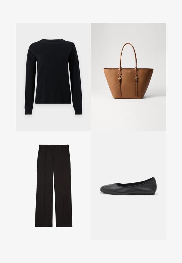 Czarny sweter dzianinowy z długimi rękawami, okrągłym dekoltem i prążkowanymi mankietami, charakteryzujący się gładką fakturą i prostym, minimalistycznym designem.; Czarne dopasowane spodnie wykonane z gładkiej tkaniny, charakteryzujące się prostymi nogawkami i dwoma bocznymi kieszeniami. Elegancka i minimalistyczna konstrukcja.; Czarne skórzane baletki z zaokrąglonym noskiem, gładką fakturą, minimalnymi przeszyciami i elastycznym designem podeszwy.; Brązowa skórzana torba tote z teksturowaną powierzchnią, zwężającym się kształtem, dwiema solidnymi uchwytami oraz dekoracyjnymi złotymi akcentami.
