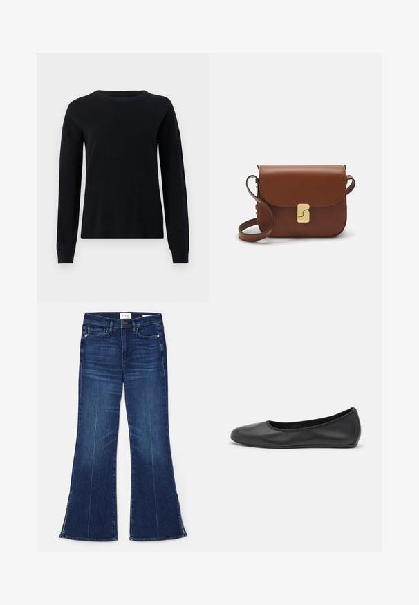 Pulover negru din tricot, cu mâneci lungi, decolteu rotund și mansete cu nervuri, având o textură netedă și un design simplu, minimalist.; Jeans evazate de culoare albastră închisă, fabricate din denim. Prezintă o talie înaltă, buzunare frontale și detalii cu fante la tiv. Design clasic cu cinci buzunare.; Balerini din piele neagră, cu vârf rotund, textură netedă, detalii de cusătură minimale și un design al tălpii flexibil.; Geantă de piele maro cu închidere tip capac, accesorii de culoare aurie, curea de umăr și o textură netedă. Formă compactă și rectangulară.