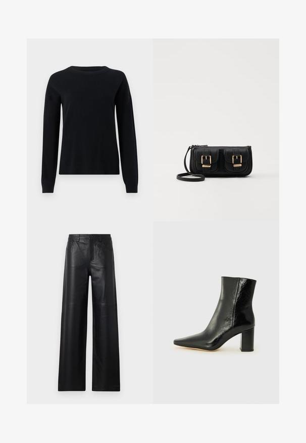 Suéter negro de punto con mangas largas, cuello redondo y puños acanalados, que presenta una textura suave y un diseño simple y minimalista.; Pantalones de cuero negro de pierna ancha con una textura suave, que cuentan con bolsillos frontales, cierre de botón y sutiles detalles de costura.; Botín negro hasta el tobillo fabricado en cuero brillante con punta afilada y tacón cuadrado y grueso. Presenta una textura suave y un diseño minimalista.; Bolso cruzado de cuero negro con dos bolsillos frontales, hebillas doradas, cierre de cremallera y una correa delgada. Superficie texturizada y forma rectangular compacta.