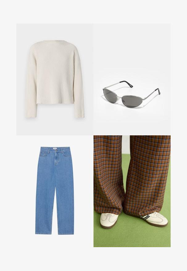 Krēmkrāsas ribots džemperis ar garām piedurknēm, apaļu kakla izgriezumu un brīvu piegriezumu. Iezīmes izrunājas malu detaļas un teksturēts audums.; Melnā kokvilnas T-kreklā ir neliels dzeltenu liesmu rakstā veidots tauriņš uz krūšu daļas. Ar apaļu kakla izgriezumu, īsām piedurknēm.; Gai zili džinsi ar taisnu piegriezumu, piecu kabatu dizainu, vienu pogu aizdari un diskrētu šuvju detaļu.; Brūni un zili rūtaini platās kājas bikses, kas savienotas ar baltām kurpēm ar melniem akcentiem un teksturētām zolēm, uz zaļa fona.; Saulesbrilles ar elegantu sudraba metāla rāmi, pelēkās nokrāsas lēcām un aerodinamisku dizainu, kas izceļas ar izliektiem stūriem un plānām kājām.