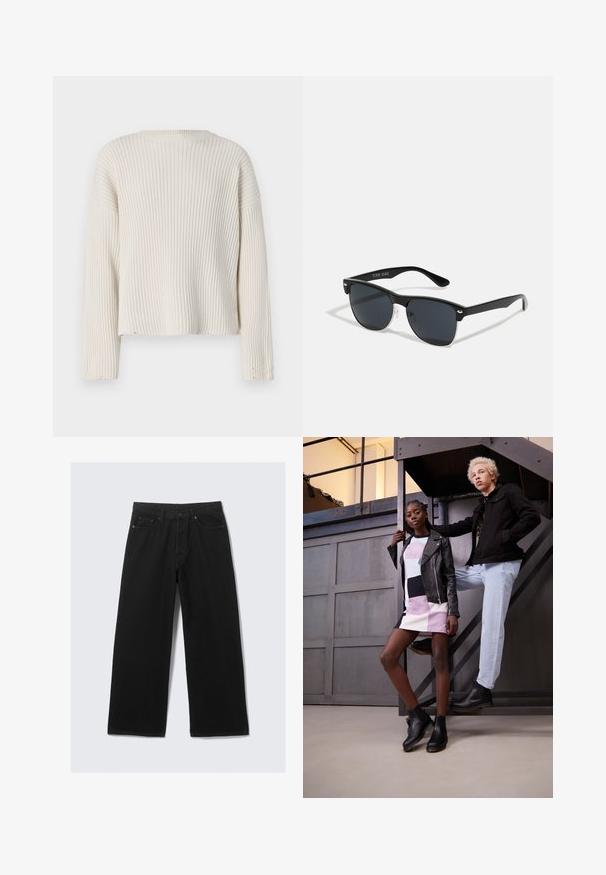 Crème-kleurige geribde trui met lange mouwen, ronde halslijn en een relaxte pasvorm. Voorzien van rafelige zoomdetails en een textuurstof.; Zwarte wijdvallende broek van denim, met een klassieke vijf-pocketontwerp en een gestructureerde tailleband met riemlussen.; Twee modellen poseren op een metalen trap. De een draagt een zwart leren jasje over een veelkleurige gestreepte jurk en zwarte enkelboots. De ander heeft een zwart jasje, lichte jeans en zwarte laarzen aan.; Zwarte zonnebril met een rechthoekige vorm, donkere lenzen, zilveren accenten bij de slapen en een matte afwerking op het montuur.