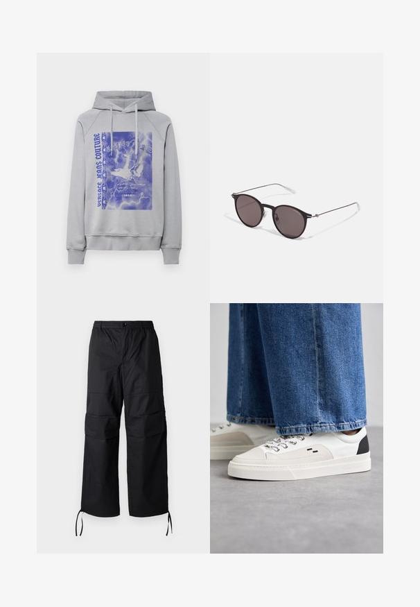 Grå hettegenser med grafikk foran som viser et blått design av skyer og en fugl, merket "Versace Jeans Couture." Har snøring og ribbestrikkede mansjetter.; Sorte cargo bukser laget av lett stoff, med vide ben, elastisk midje og justerbare snorer ved mansjettene. To sidelommer.; Hvite og svarte joggesko med en glatt læroverdel, teksturerte detaljer og en kraftig hvit såle. Har en klassisk snøring.; Sorte, runde solbriller med mørke linser og slanke metalarmer. Inkluderer klare temple tips og sølvfargede detaljer ved hengslet. Minimalistisk design.