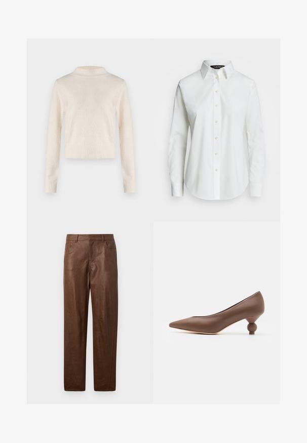 Pull crème à manches longues avec un col haut. Texture douce, taille et poignets côtelés. Tissu léger avec un léger éclat.; Chemise blanche à manches longues avec boutons en coton. Elle présente un col classique, sept boutons et un logo subtil brodé sur la poitrine.; Pantalon en cuir marron avec une texture lisse, coupe droite et deux poches latérales. Présente des détails de couture visibles.; Escarpin en cuir marron à bout pointu avec un talon en forme de boule arrondie. Texture lisse, design épuré et détails minimalistes.