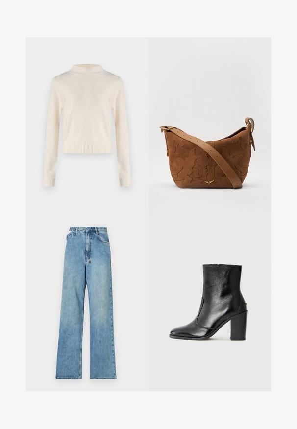 Kreminės spalvos, ilgomis rankovėmis megztinis su aukštu kaklu. Minkšta tekstūra, raukiniai juosmens ir rankogalių srityje. Lengvas audinys su šiek tiek blizgesio.; Šviesiai mėlynos džinsinės plačios kojelės kelnės su vidutinės talpos liemeniu, penkiais kišenėmis ir mygtukų užtrauktuku, turinčiu metalinę aparatūrą ir nublukusį efektą.; Juodas odinis kulkšninis batas su lygiu paviršiumi, smailiu pirštu ir masyviu aukštu kulnu. Savybė - šoninis atidarymas ir minimalistiškas dizainas.; Ruda suedes pečių rankinė su išsiuvinėtu gėlės dizainu, papildyta lygiu ruduo odos diržu ir auksinės spalvos detalėmis.