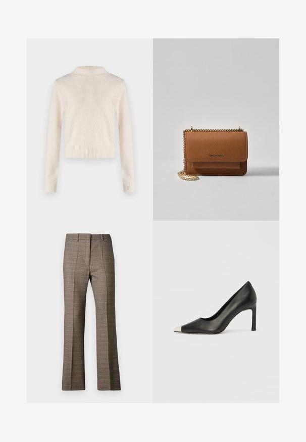Cream-colored, long-sleeved sweater with a high neck. Soft texture, ribbed waist and cuffs. Lightweight fabric with a slight sheen.; Brown plaid trousers with a straight leg cut, featuring a textured fabric and subtle colors of beige and darker browns throughout the pattern.; Black leather high heel shoe with a pointed toe and a metallic silver cap. Features a smooth finish and a slender 10 cm heel.; Brown textured leather crossbody bag with gold chain strap and flap closure. Front features logo detail and a pocket under the flap.