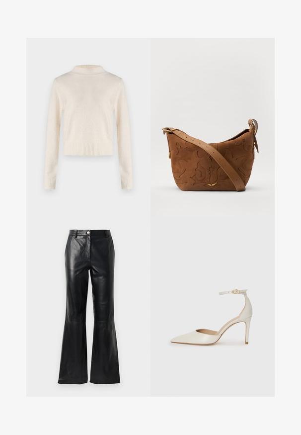 Krémový sveter s dlhými rukávmi a vysokým golierom. Mäkká textúra, rebrovaný pás a manžety. Ľahký materiál s jemným leskom.; Čierne nohavice z umelé kože s vysokým pásom, zapínaním na gombík, pútkami na opasok a rozšírenými nohavicami na bielom pozadí.; Biele kožené topánky na vysokom podpätku s špicatou špičkou, remienkom okolo členka a štíhlym stiletto podpätkom. Hladký povrch s jemným lesklým povrchom.; Hnedá semišová kabelka na rameno s embosovaným kvetinovým vzorom, doplnená hladkým hnedým koženým popruhom a zlatými kovovými doplnkami.