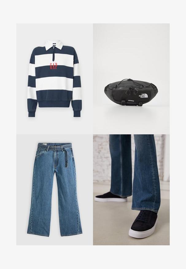 Sweatshirt listrado em azul-marinho e branco com gola zippada, apresentando o logótipo bordado "GAP" em vermelho ao centro. Tecido suave, ajuste relaxado.; Jeans de ganga azuis de perna larga com cinto preso, bolsos frontais e costura visível sobre um fundo claro.; Tênis de camurça azul escuro com sola de borracha branca e atacadores, combinados com jeans de perna larga em um tom de azul médio.; The North Face TERRA LUMBAR 3L UNISEX - Bolsa de cintura - asphalt grey/black