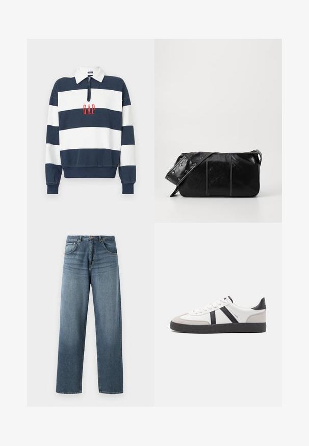 Námornícke a biele pruhované pulóverové tričko so zipsom na golieri, s vyšitým logom "GAP" v červenej farbe na strede. Mäkká tkanina, voľný strih.; Džíny z modrej denimovej látky s rovným strihom a vyblednutým umývaním, s piatimi vreckami, kovovým gombíkom a pútkami na opasok. Pevná, stredne ťažká tkanina.; Biele tenisky s čiernymi a šedými akcentmi, s textúrovanou šedou špičkou, čiernou gumovou podrážkou a plochými bielymi šnúrkami. Čistý dizajn, minimalistický štýl.; Čierna kožená kabelka cez plece so zipsovým uzáverom, so štruktúrovaným telom, bielym prešívaním a popruhom so striebornými očkami.