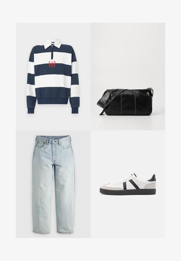 Tengerészkék és fehér csíkos pulóver galléros nyakkal és fél cipzáras záródással, a mellrészen piros "GAP" hímzéssel.; Világoskék farmernadrág, egyenes szárral, öt zsebbel és gombos záródással; elhalványult részekkel és finom varrási részletekkel rendelkezik.; Fehér sneaker fekete és szürke részletekkel, textúrált szürke orr résszel, fekete gumitalppal és lapos fehér fűzőkkel. Tiszta dizájn, minimalista stílus.; Fekete bőr válltáska, cipzárral zárva, texturált felülettel, fehér varrással és ezüst fémgyűrűs pánttal.