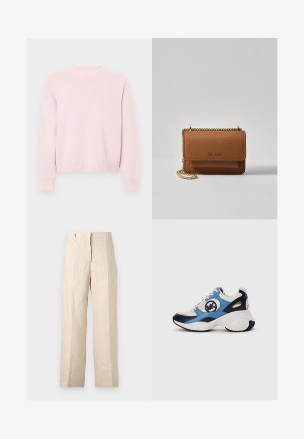 Világos rózsaszín kereknyakú pulóver hosszú ujjakkal, bordás mandzsettával, szegéllyel és nyakkal, egyszínű háttér előtt bemutatva.; Beige len vászonnadrág laza fazonnal, plisszírozott elülső résszel és egyenes lábakkal. Jellemzője a derékpánt övhurkokkal és látható zsebek nélkül.; Fehér, tengerészkék és világoskék velúr sneaker vastag talppal és kör alakú hímzett logóval az oldalon.; Barna textúrájú bőr keresztbody táska arany lánc pánttal és fedélzárral. Az elején logó részlet és egy zseb található a fedél alatt.