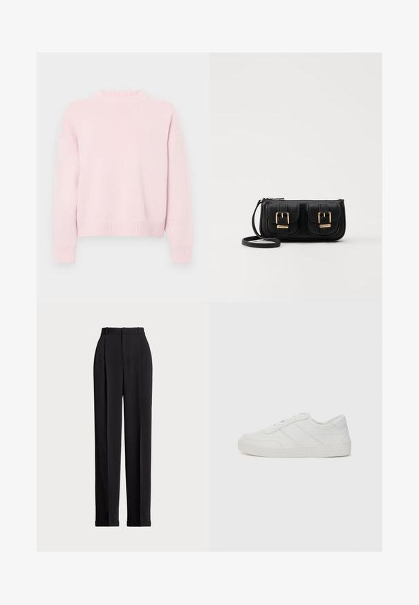 Light pink crewneck sweater with long sleeves and ribbed cuffs, hem, and neckline, displayed on a plain background.; Black tailored trousers with a high waist, featuring pleats at the front, a straight leg design, and a cuffed hem. Made from smooth fabric.; White leather sneaker with flat laces, rounded toe, and subtle stitching details. Features a textured sole and embossed brand logo on heel.; Black leather crossbody bag with two front pockets, gold buckles, zipper closure, and a slim strap. Textured surface and compact rectangular shape.