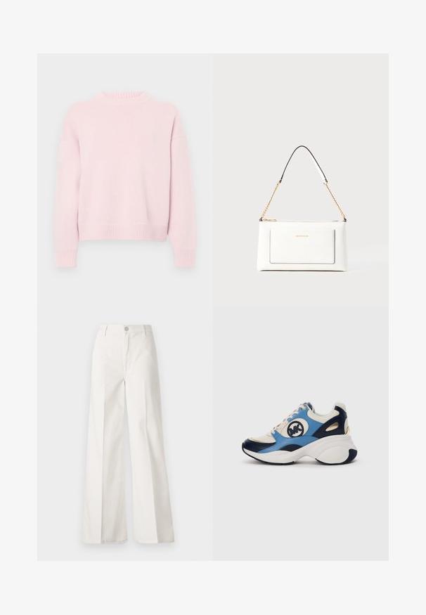 Svetloružový krémový sveter s dlhými rukávmi a rebrovanými manžetami, spodným lemom a výstrihom, vystavený na jednofarebnom pozadí.; Biele široké nohavice vyrobené z bavlny s hladkou textúrou. Obsahujú predný gombík, zips a dizajn so štyrmi vreckami.; Biele, námornícke a svetlo modré semišové tenisky s robustnou podošvou a vyšívaným kruhovým logom na boku.; Biele kožené kabelka s textúrovaným povrchom, ktorá má zlatý retiazkový popruh a čierne akcenty. Obsahuje prednú kapsu a zipsové zapínanie.