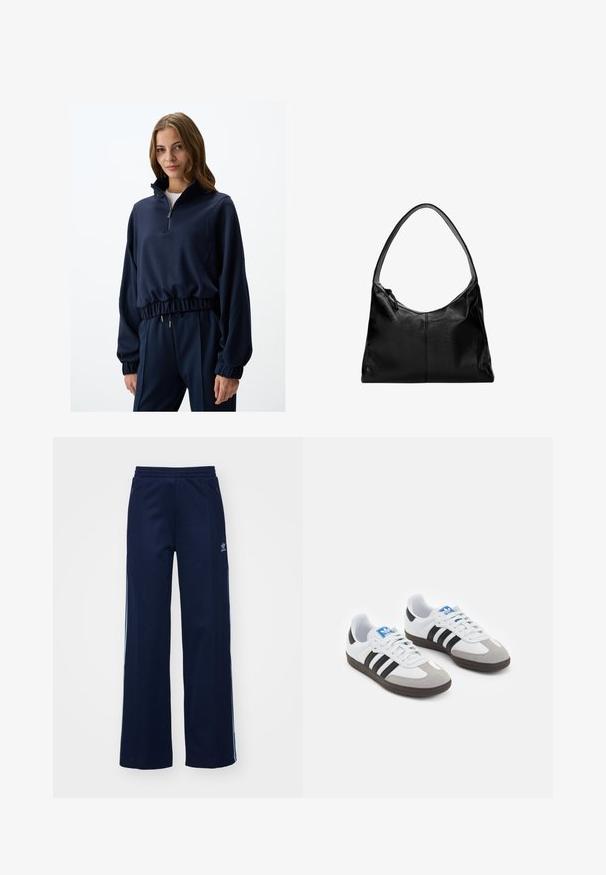 Pullover navy a mezza zip in tessuto morbido, con polsini ed orlo elastici, progettato con una vestibilità rilassata e sottili dettagli in oro.; Pantaloni tuta in cotone misto color navy con design a gamba larga, cintura elastica e tasche con zip, caratterizzati da strisce laterali bianche e dettagli con il logo.; Scarpe sportive con tomaia in pelle bianca, punta in suede grigia e tre strisce nere. Presentano un logo blu sulla linguetta e una suola in gomma testurizzata.; Borsa a spalla in pelle nera con una texture liscia, una parte superiore curva e una sola tracolla. Presenta una chiusura con zip e un design minimalista.